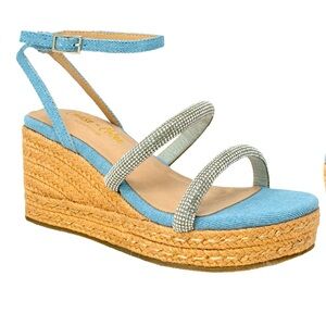 Chase & Chloe Denim Rhinestone Strap Espadrille Wedge Sandals Women’s Size 10.